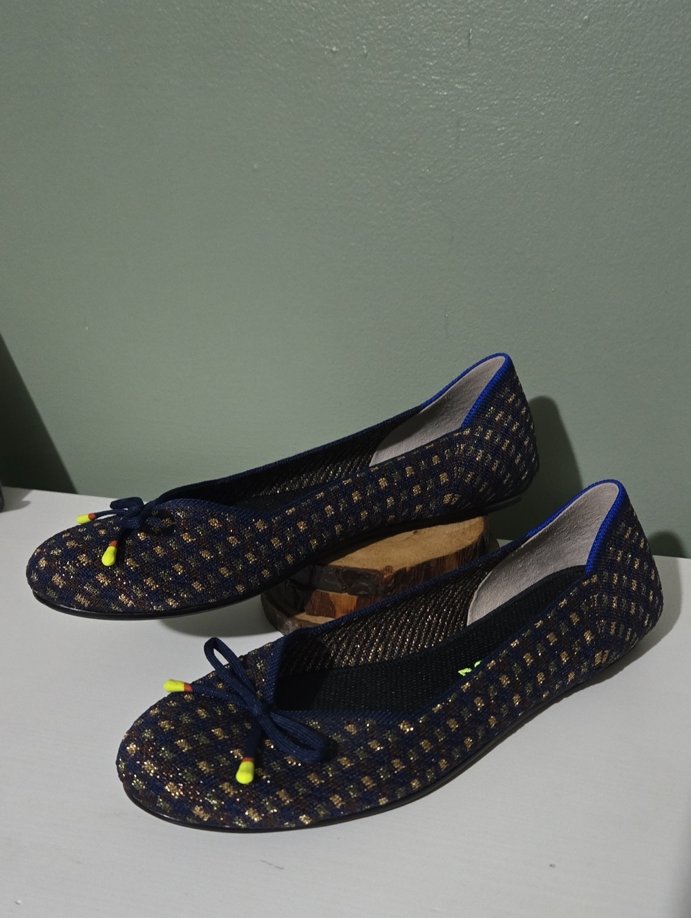 Rothy's Navy and Gold Woven Ballet Flats with Bow